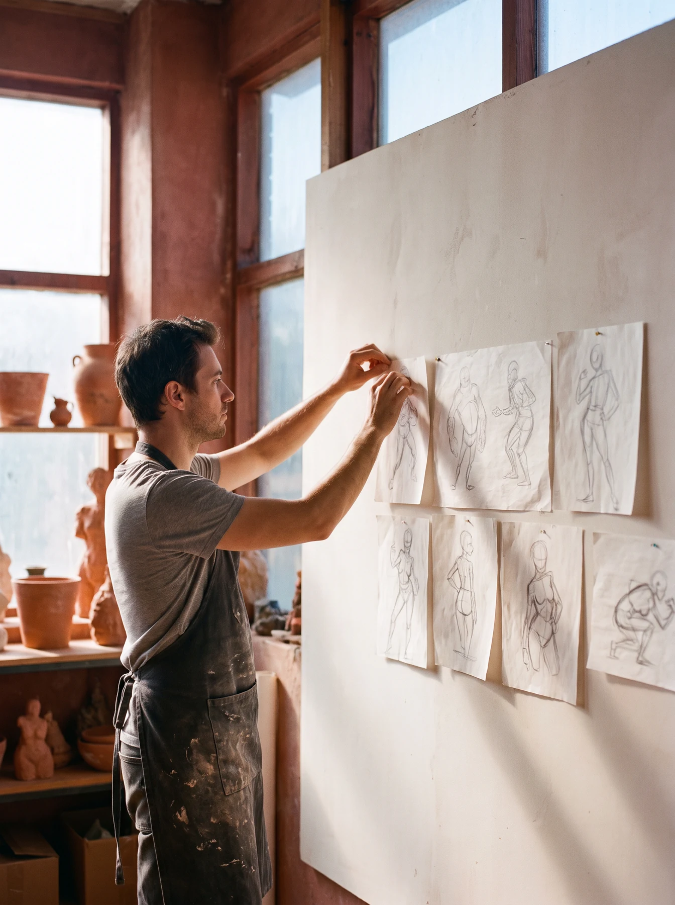 Animator pinning gesture drawings to a wall