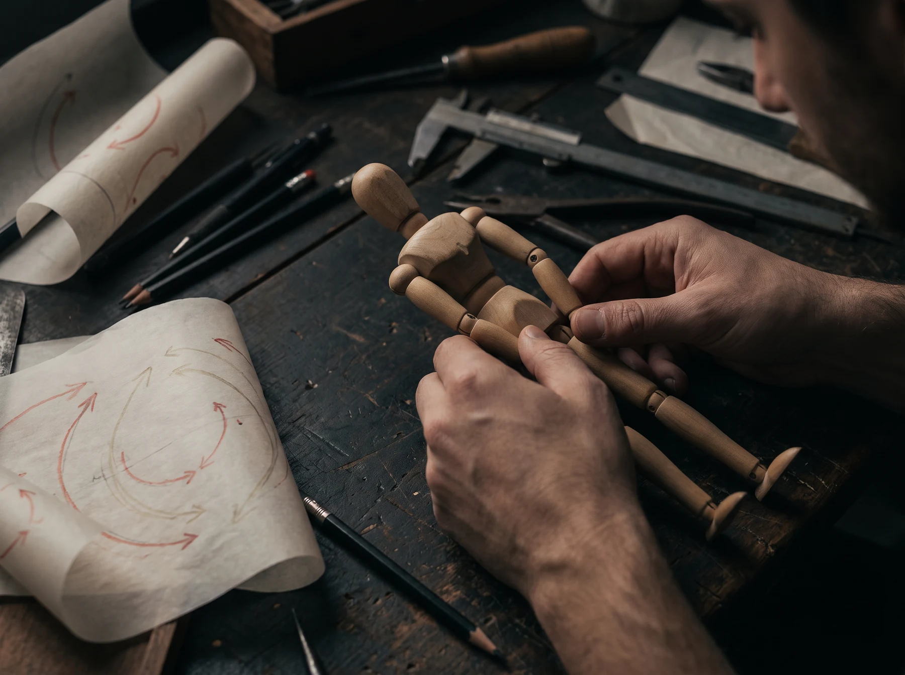 Hands adjusting an articulated wooden puppet