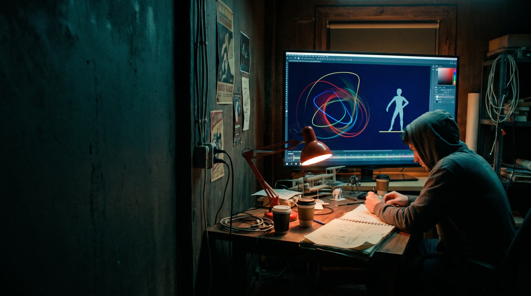 Animator reviewing abstract motion curves in a dark studio