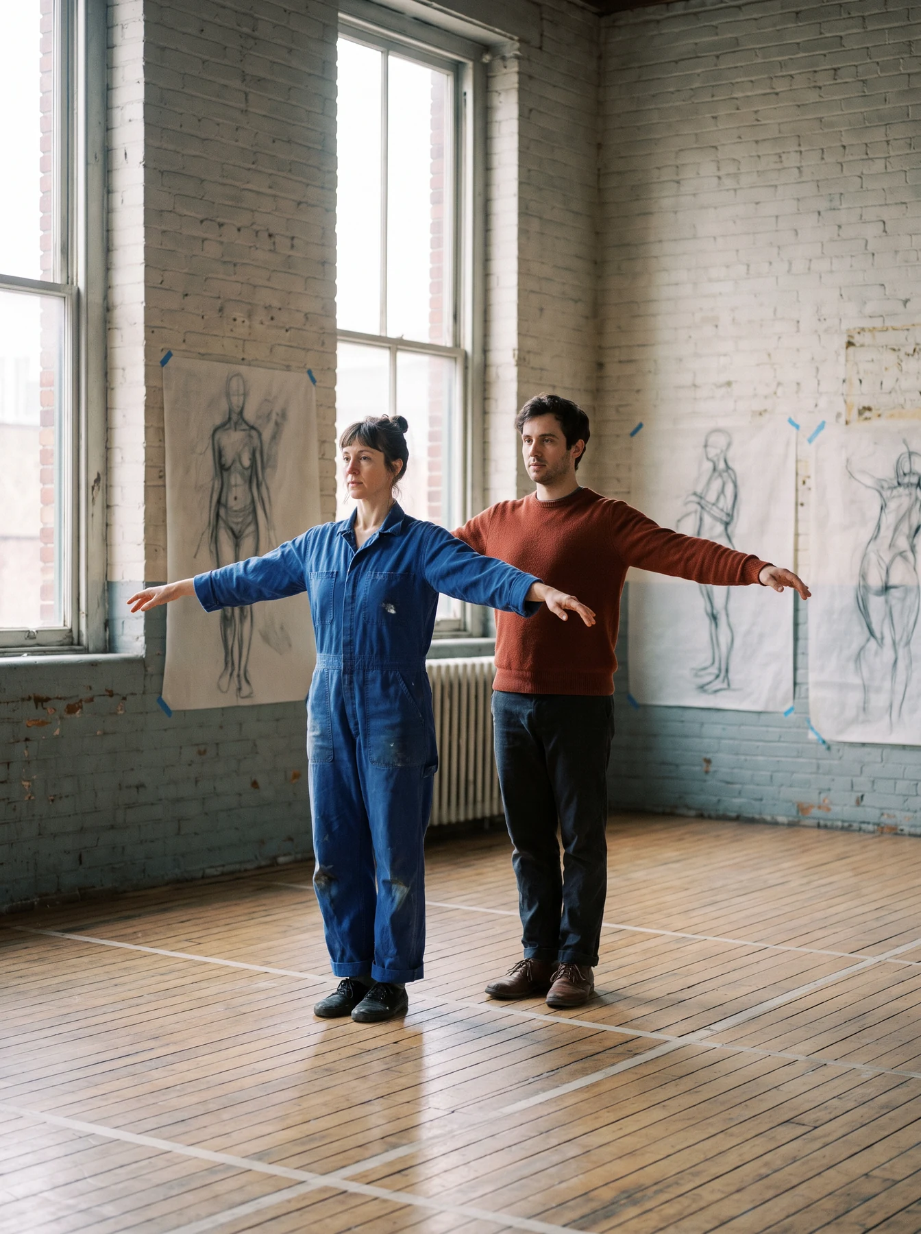 Two people practicing expressive poses