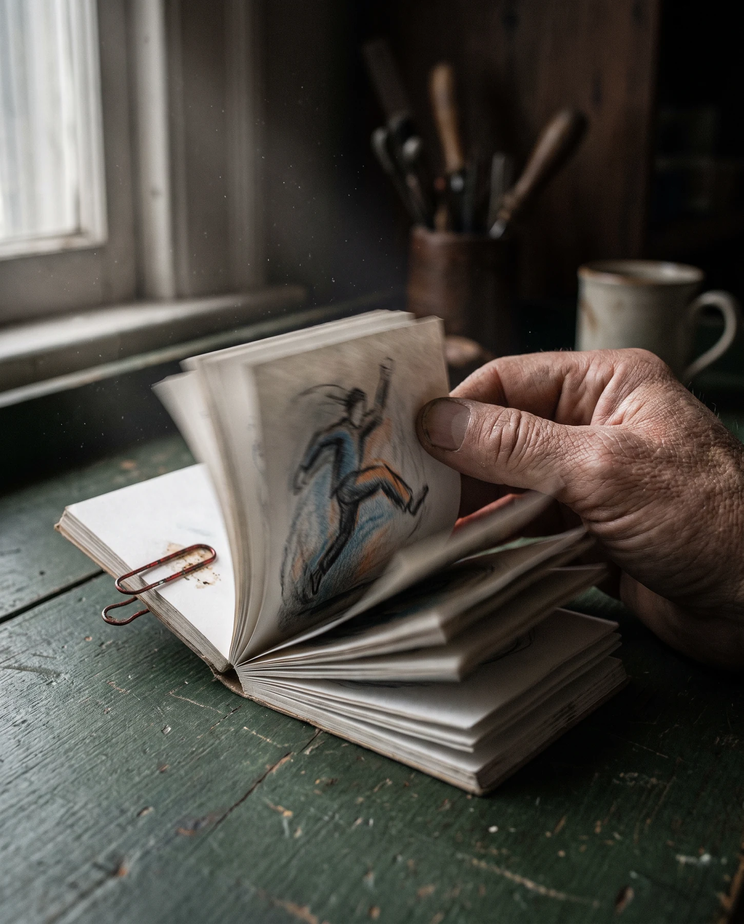 Hand turning a small paper flipbook