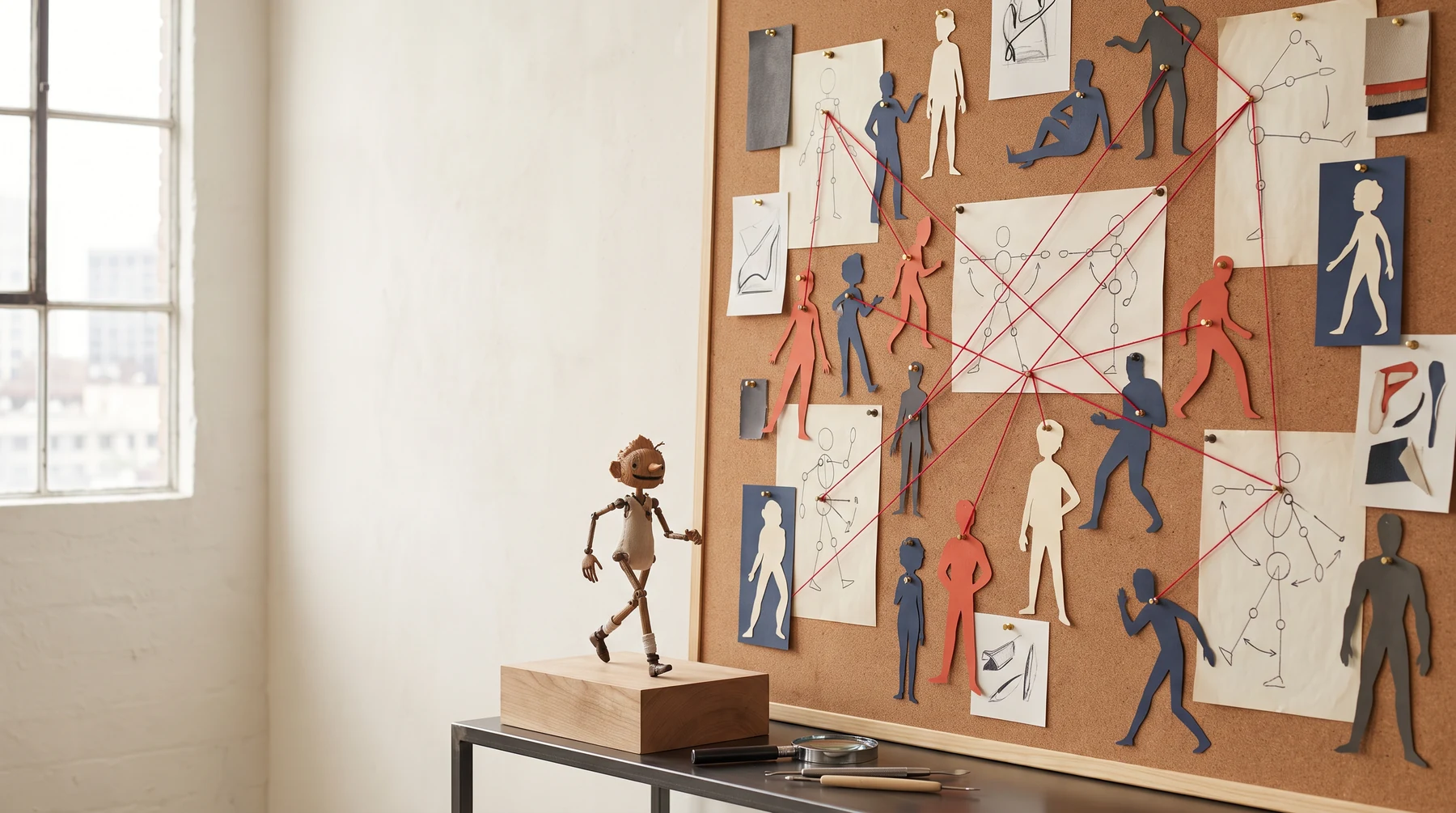 Character pose silhouettes on a cork board